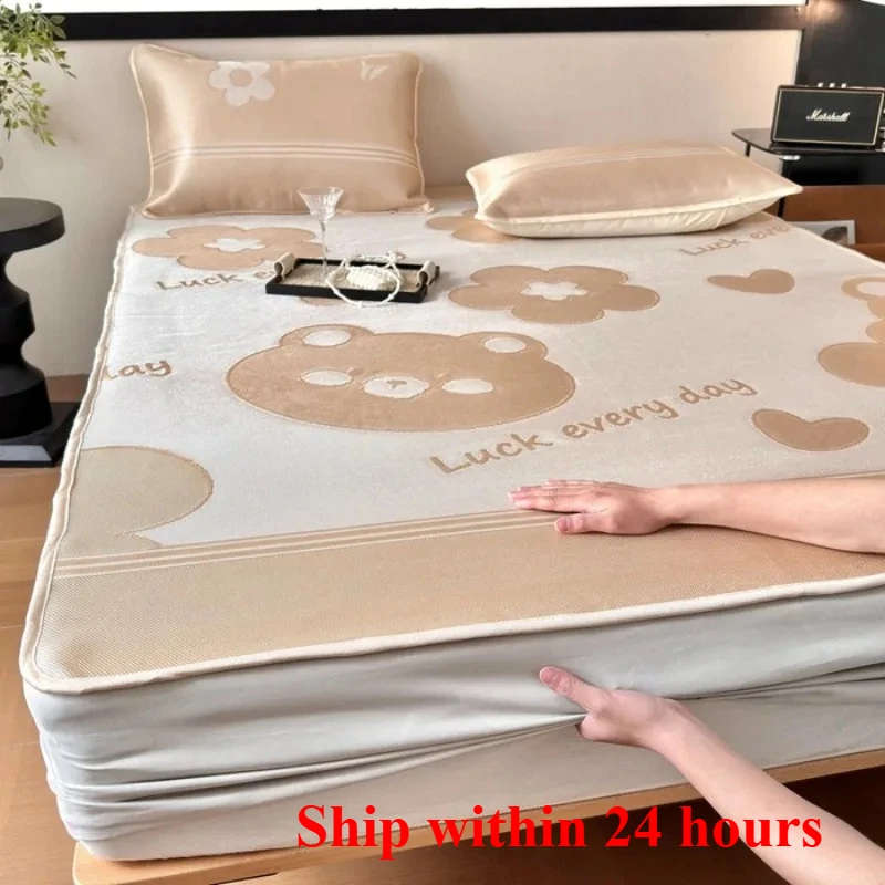 

2025 class A carbon light antibacterial cool feeling washable ice silk mat mattress printed simple three-piece set
