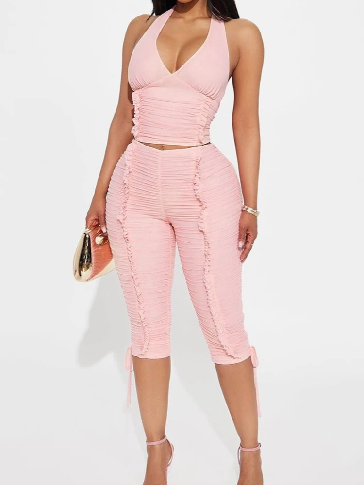 

Foamlina Sexy Deep V Halter Neck Sleeveless Crop Top and Slim Ruched Capri Pants 2 Piece Set for Women Fashion Matching Outfit