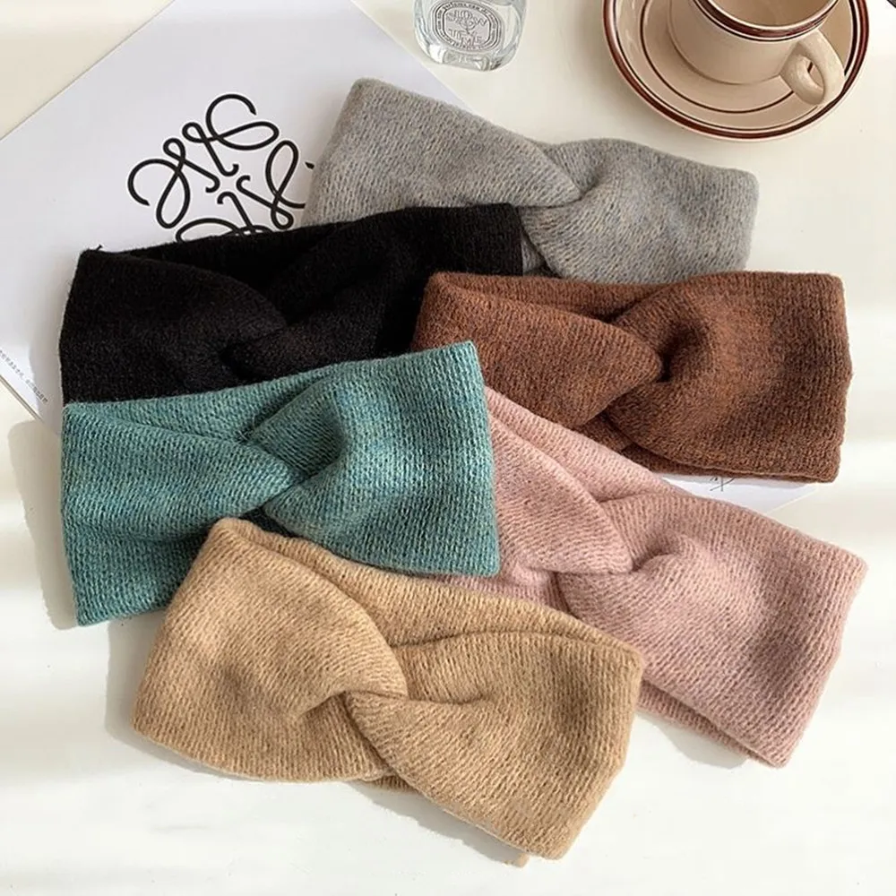 Wool Knitting Wide Headbands Winter Ear Warm Headwrap Turban For Women Girl Cashmere Cross Elastic Headscarf Hair Accessories