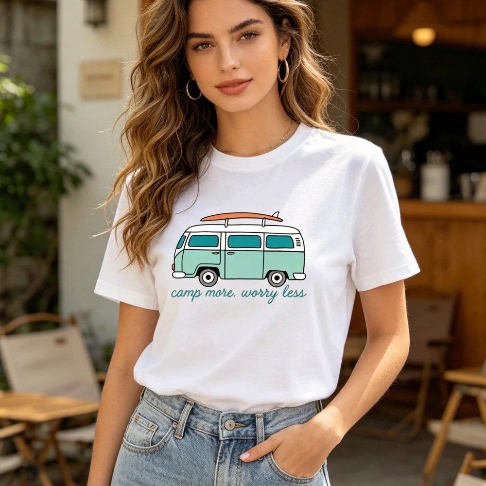 Camp More Worry Less Retro Surf Van Casual Graphic T-Shirt Beach Camping Lover Gift TShirt Summer Vibe Adventure Casual Shirt
