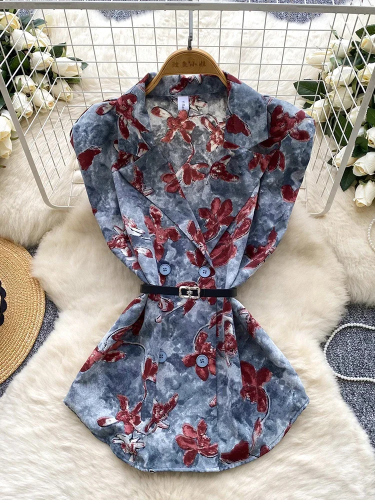 

Летняя женская рубашка без рукавов с зубчатым воротником и принтом, новая модная универсальная шифоновая блузка для поездок на работу, топ C295