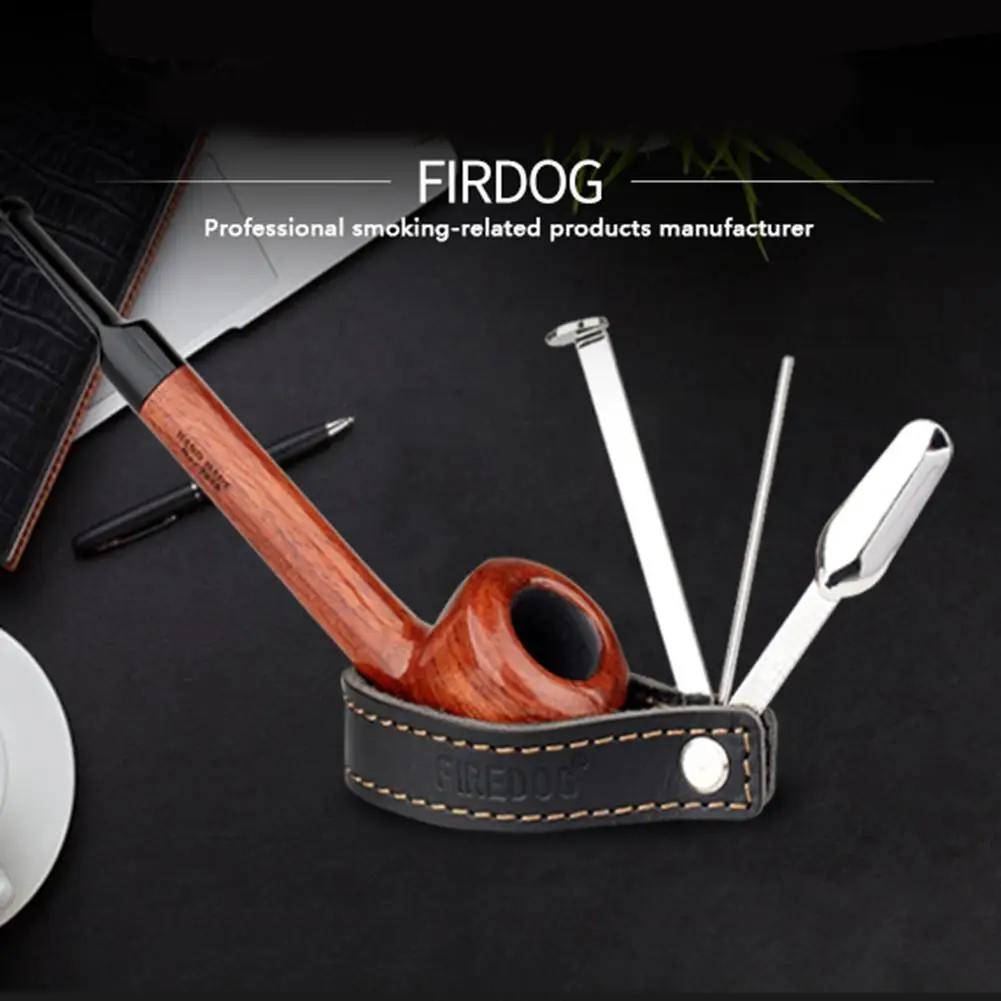 Smoking Pipe Holder, Genuine Leather Tobacco Pipe Stand with Stainless Steel Smoking Pipe Reamer Tamper Tool