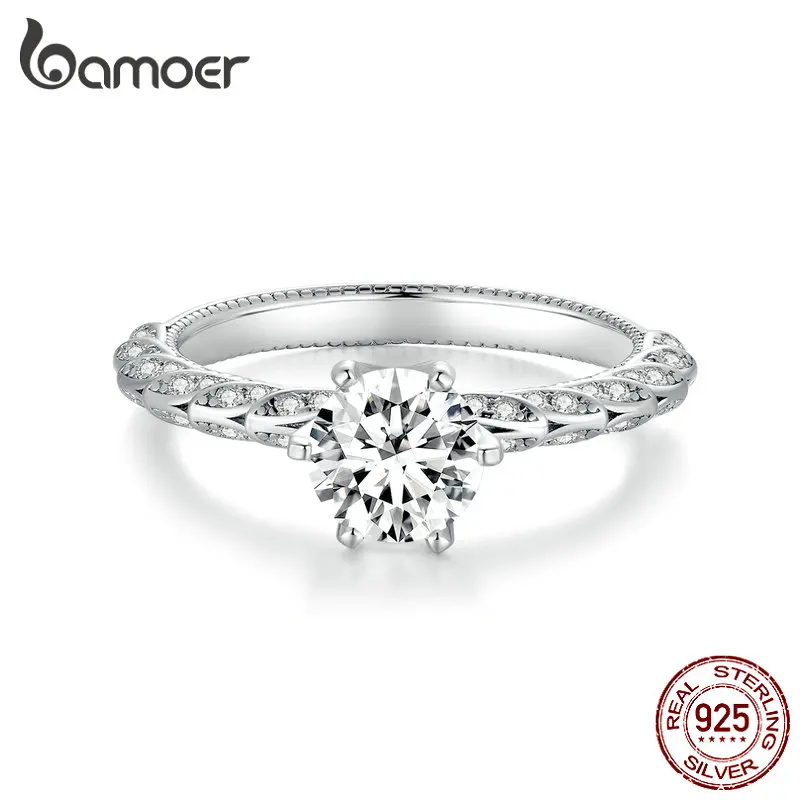 

BAMOER Shining Moissanite Ring for Women Engagement Wedding Luxury Band 925 Sterling Silver Ring