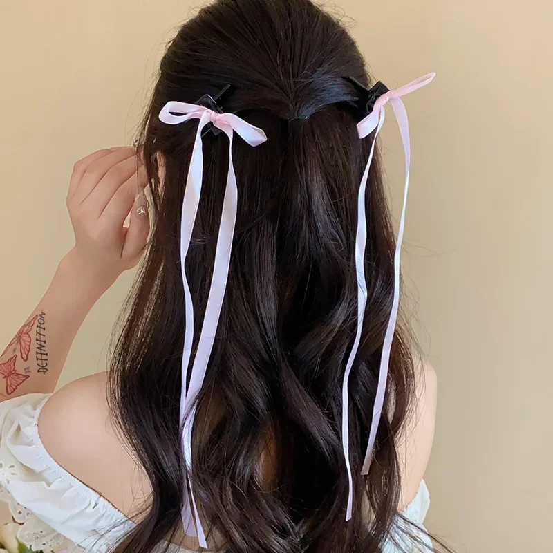 Garras acrílicas de cabelo bowknot para mulheres, monocromáticas, fita, longas, doces, fofas, moda, clipes de tubarão, acessórios de festa, 2 peças