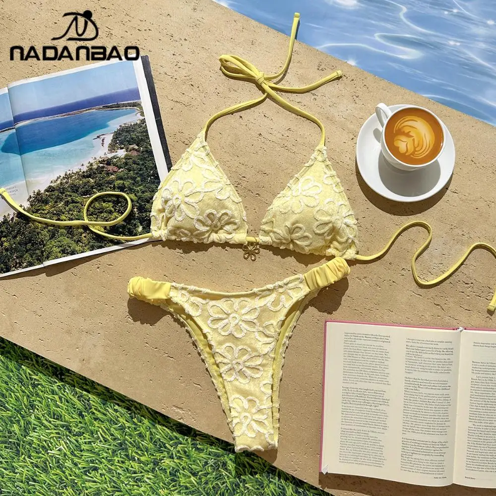 Nadanbao Women 3D Floral Embroidered Bikini Set Lace Hollow Swimwear Halter Neck Triangle Swimsuit Summer Beach Bathing Suit