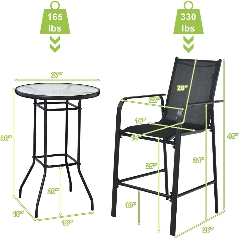 3 Pieces Outdoor Patio  Set, Outdoor Bistro Set with 2 Bar Stools and 1 Tempered GlassTable,  Height Patio Table