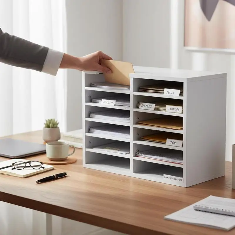Organisateur de bureau en bois 52x30,5x41 cm blanc, trieur de documents à 12 compartiments, corbeille à courrier, panneau aggloméré, étagère amovible, classeur pour le rangement de fichiers, magazines, école