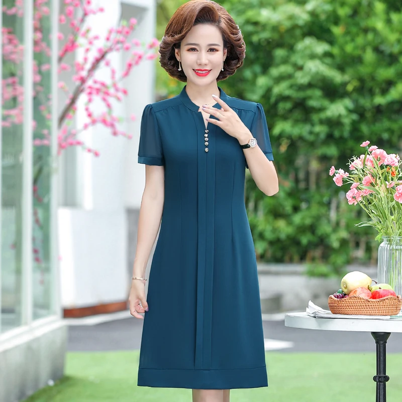 Middle-aged Women\'s Summer Sundresses 2023 New Elegant Chiffon Dress Ladies Korean V-Neck Black Red Blue Dresses Women Elegant