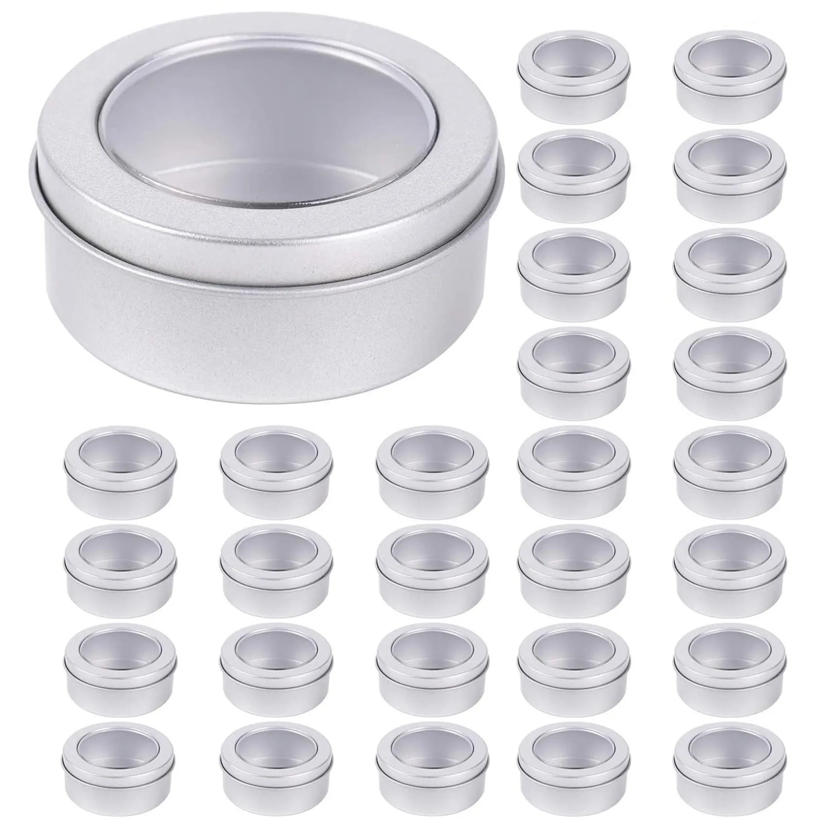 30 Pack 2 Ounce Metal Tin Cans - Round Empty Containers with Clear Top for Candles, Arts & Crafts, Storage in Kitchen