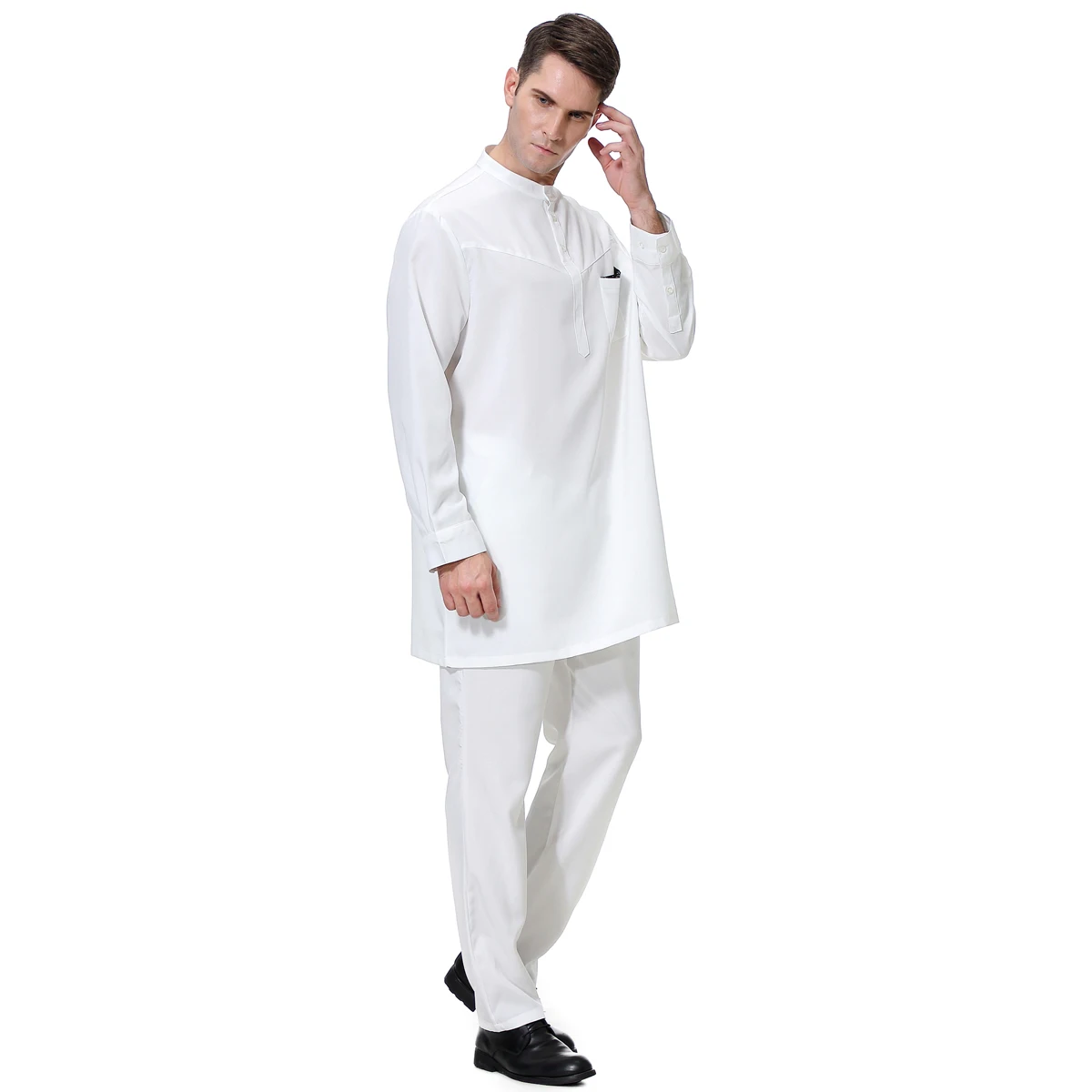 2 PCS Muslim Men Long Sleeves Chinese Collar Packet Color Contrast Robe Long Pants  Arab Male Thobe Ramadan Eid Clothes