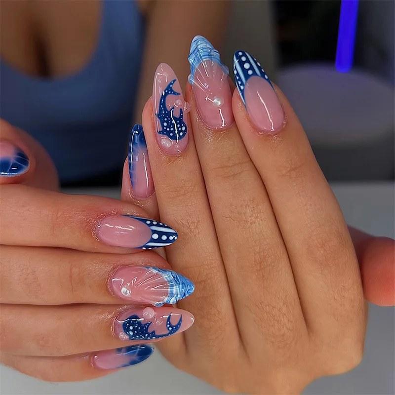 

24Pcs Mid-length French Almond Nails Set Press on Marine Shark Design Fake Nail 3D Shell Pattern Pearl Wearable False Nails Tips
