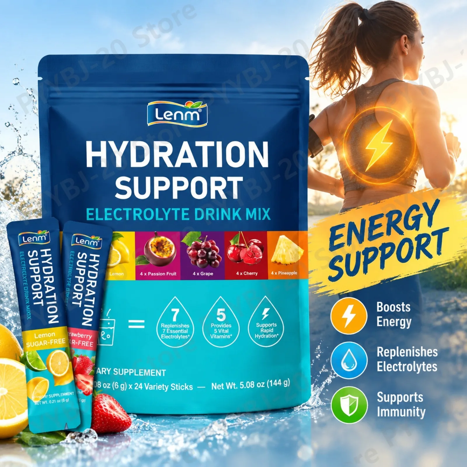 Lenm Electrolyte Drink Mix Energy Support Growth Support Hydration Immune & Fatigue Support 7 Electrolytes 5 Vitamins 24 Sticks