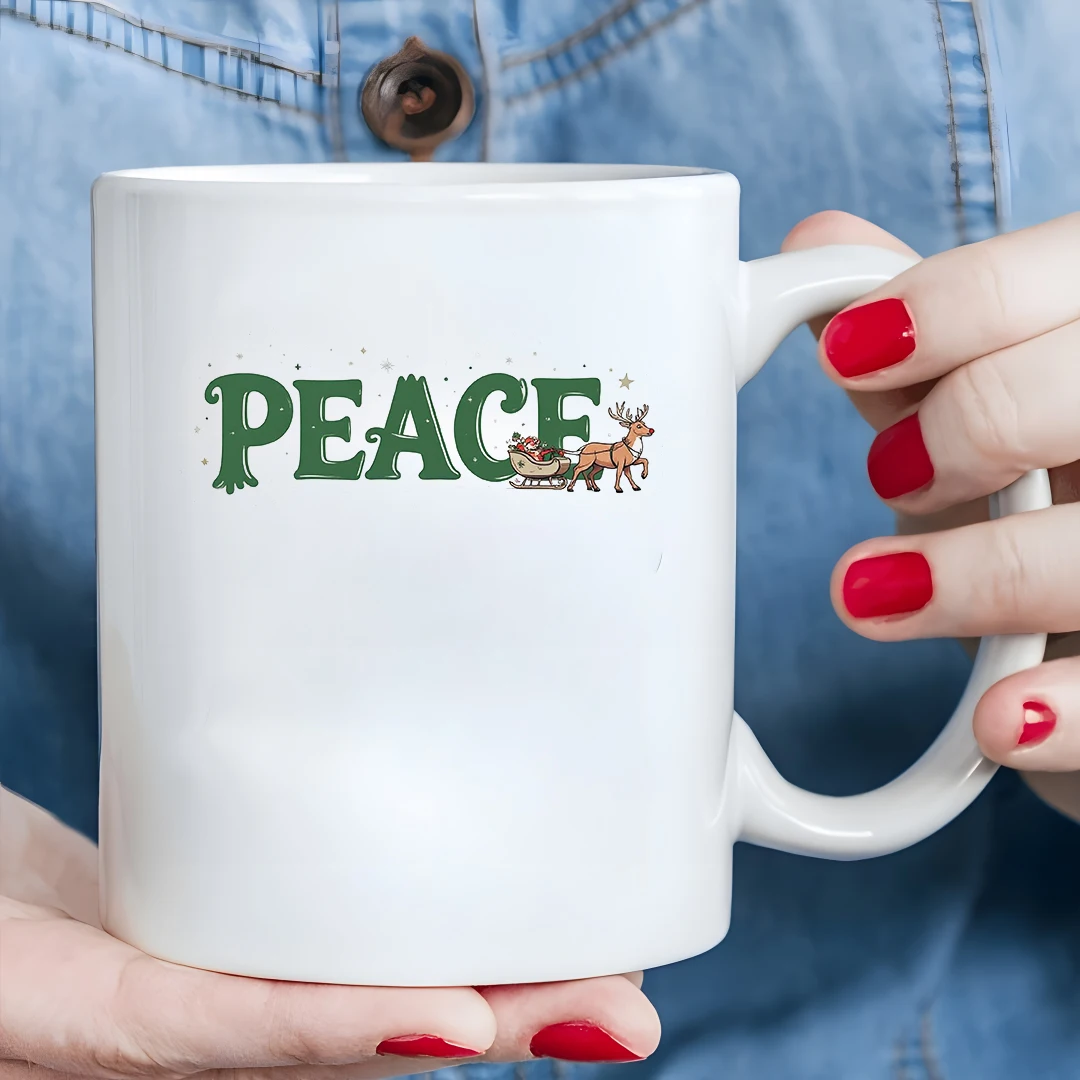 Taza de café de 11oz + pegatina pintada a mano con temática navideña de PEACE + taza para niños, taza de café para oficina familiar, regalo de Navidad