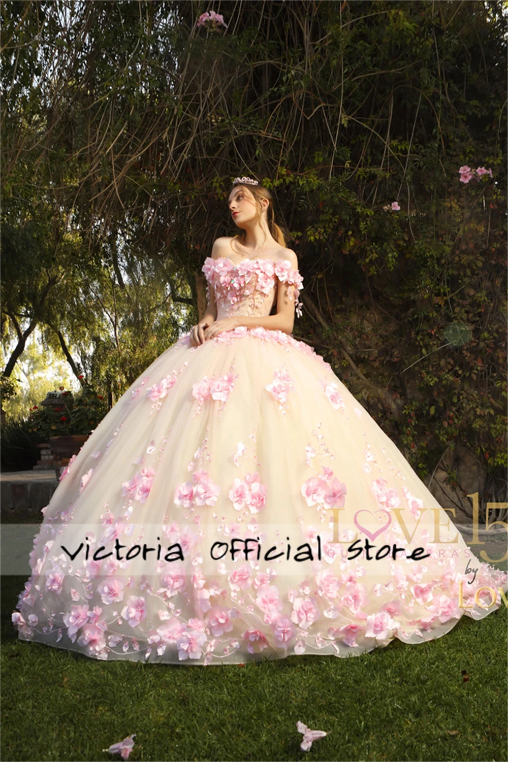 Vestido de baile frisado com cordões fora do ombro para bebê, vestidos Quinceanera doces, pérolas rosa, flores 3D, querida