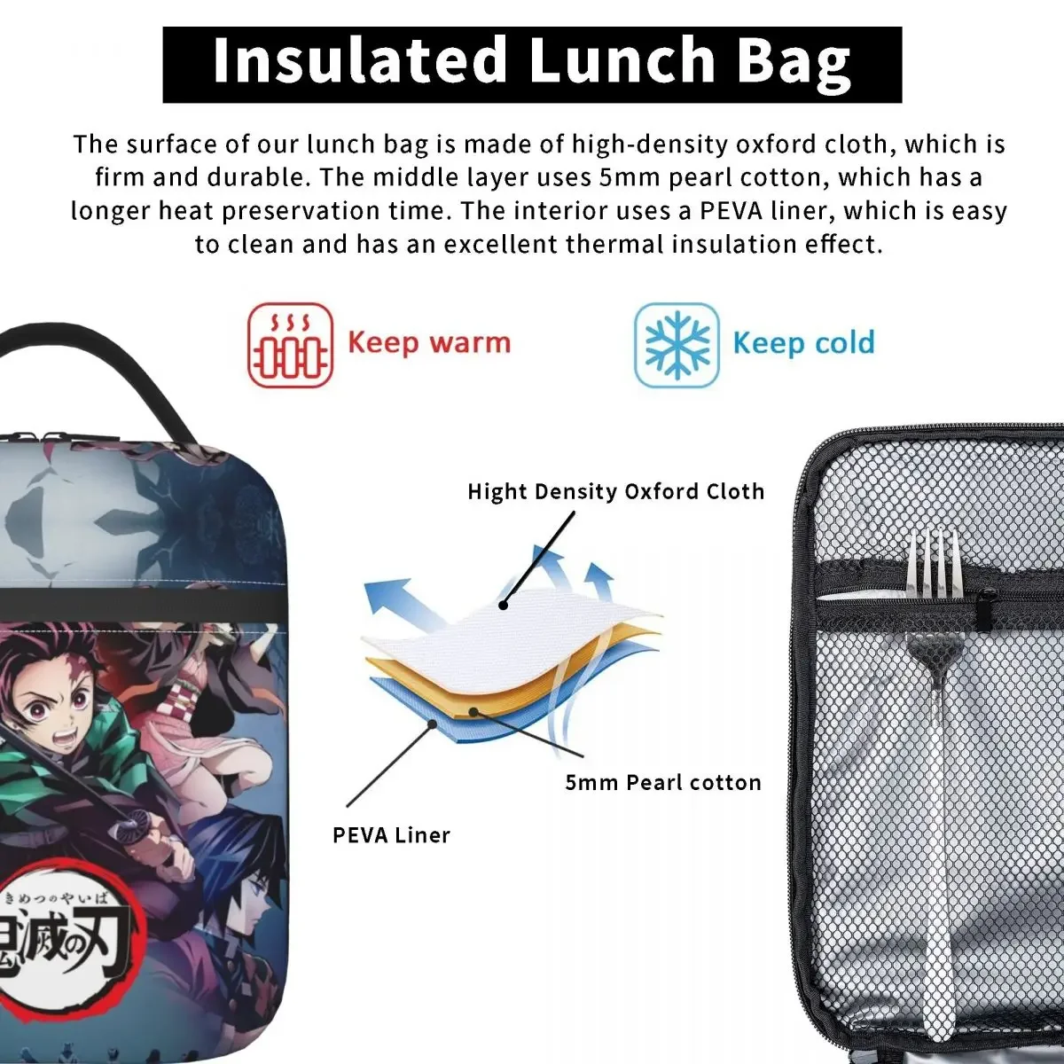 Demon Slayer Lunch Bag Isolado Térmico, Manga Tanjiro, Kimetsu No Yaiba, Demon Slayer, Portátil, Tote para armazenamento escolar, Food Box