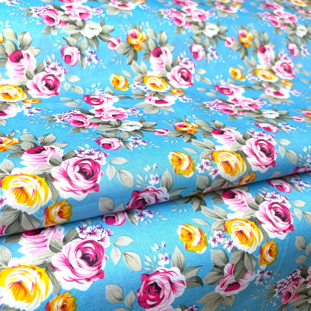 Rose Flower Cotton Poplin Print Fabric For Sewing Headscarf Cloth Spring Shirt Women Apparels Needlework DIY Craft By Half Meter