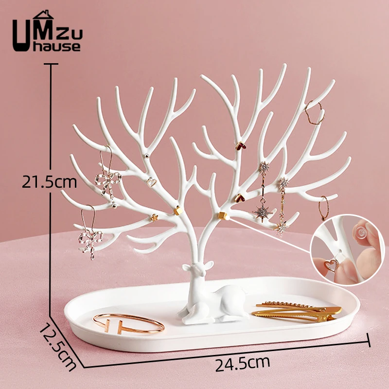 Earring Necklace Holder Ring Stud Bracelet Jewelry Display Stand Creative Deer Tree Branch Rack Key Storage Organizer with Tray