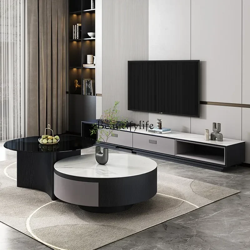 New Rock slab TV cabinet coffee table combination living room Italian light luxury retractable floor cabinet