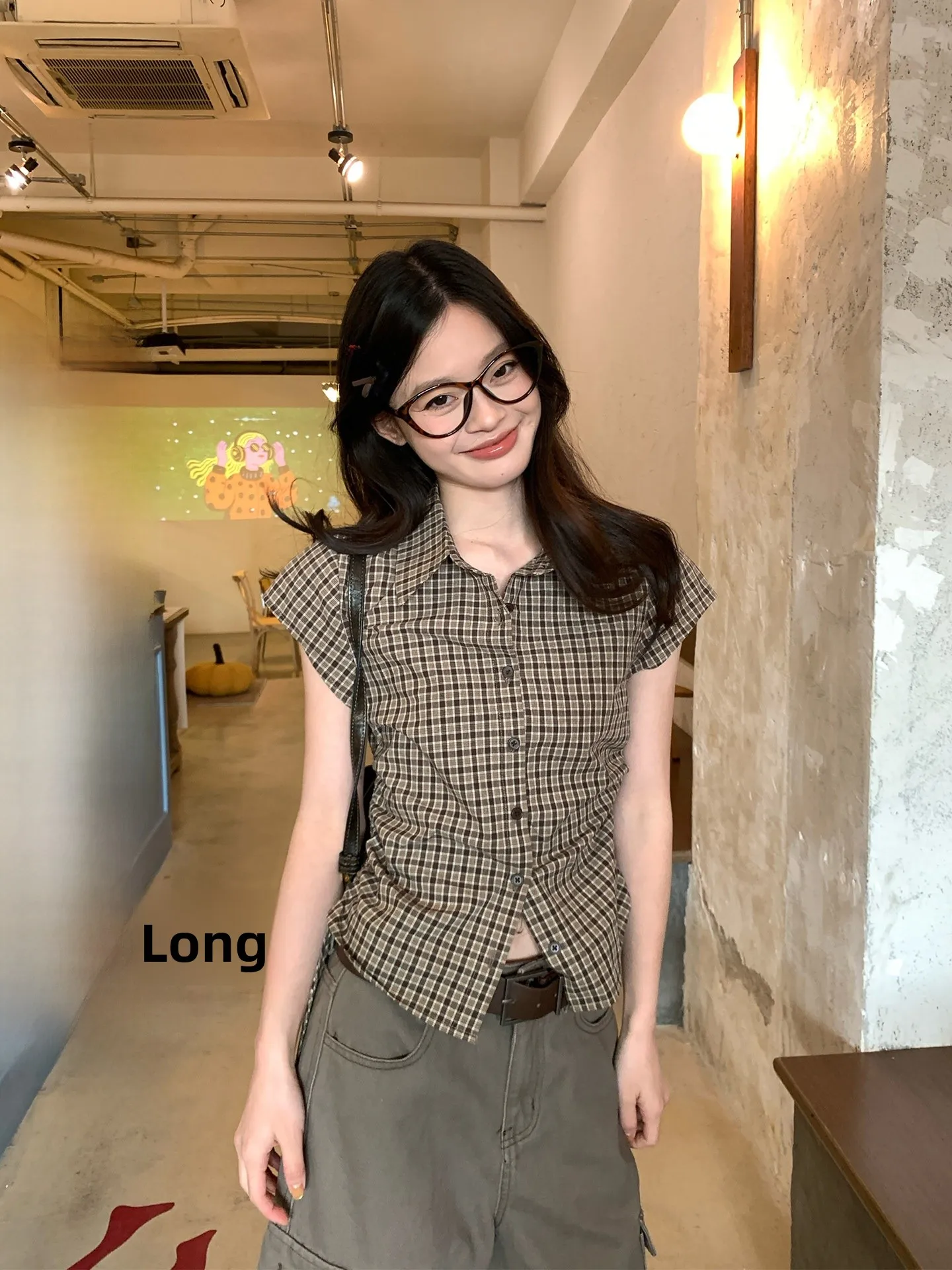 

Slim Fit Neck Short Sleeve Shirt Women's Summer Korean Style Waist Cinching Checkered Pattern Breathable Comfortable Shirt