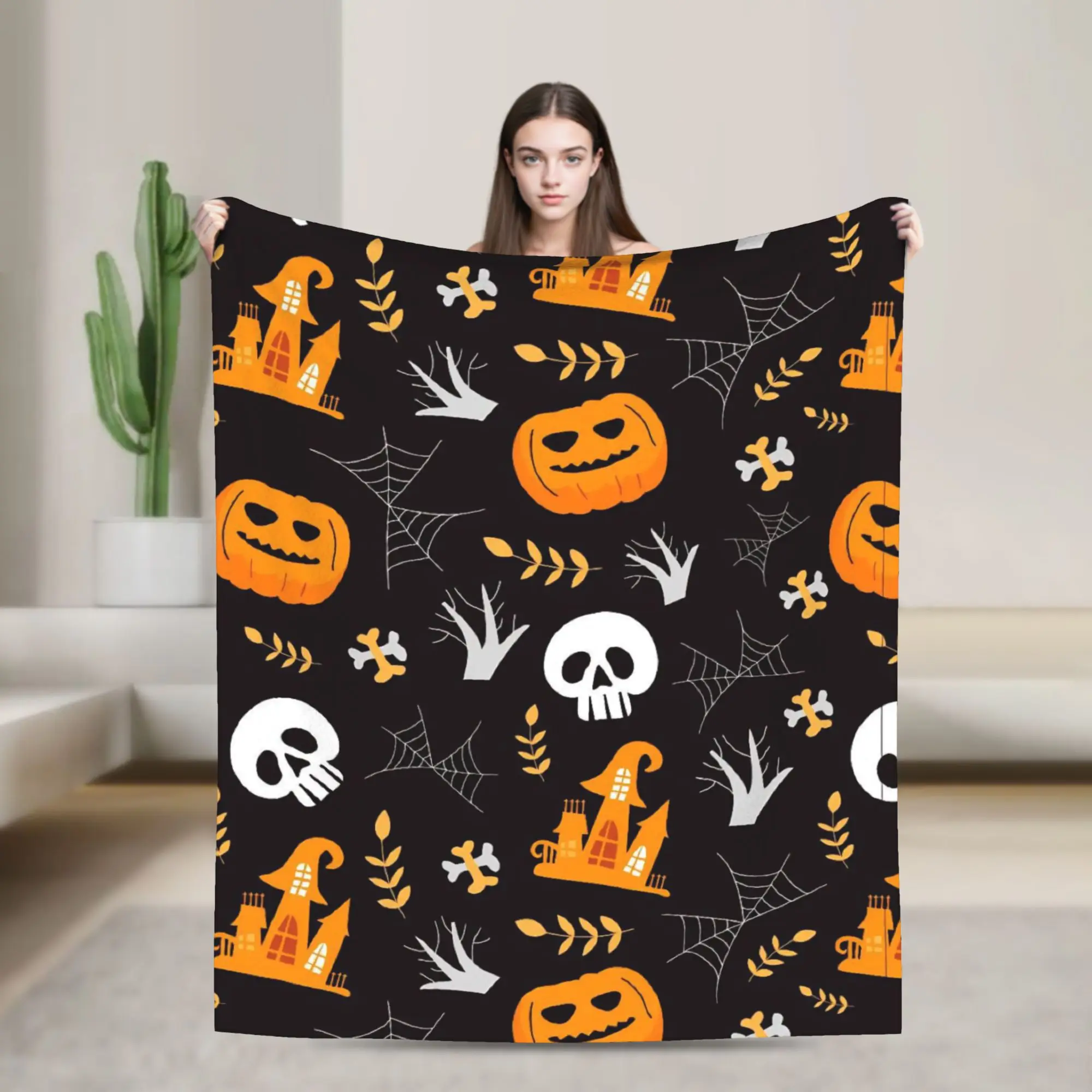 Halloween Ghost Pumpkin Spooky Trick Or Treat Witch Blanket Cozy Fluffy Throw Blankets for Couch Multi-size Plush Thin Quilt