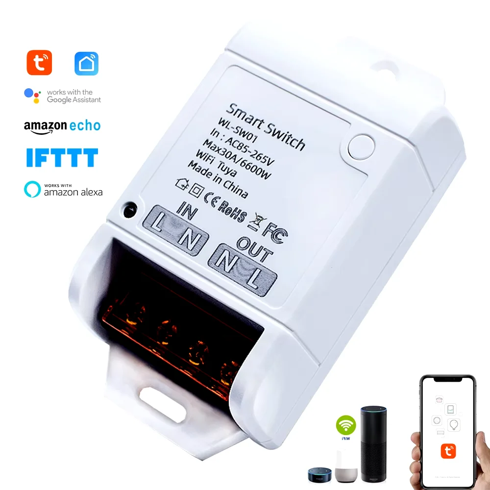 Tuya-インテリジェントwifiスイッチ,30a,6600w,リレーモジュール,85-265v,220v,自動制御,Alexaで動作