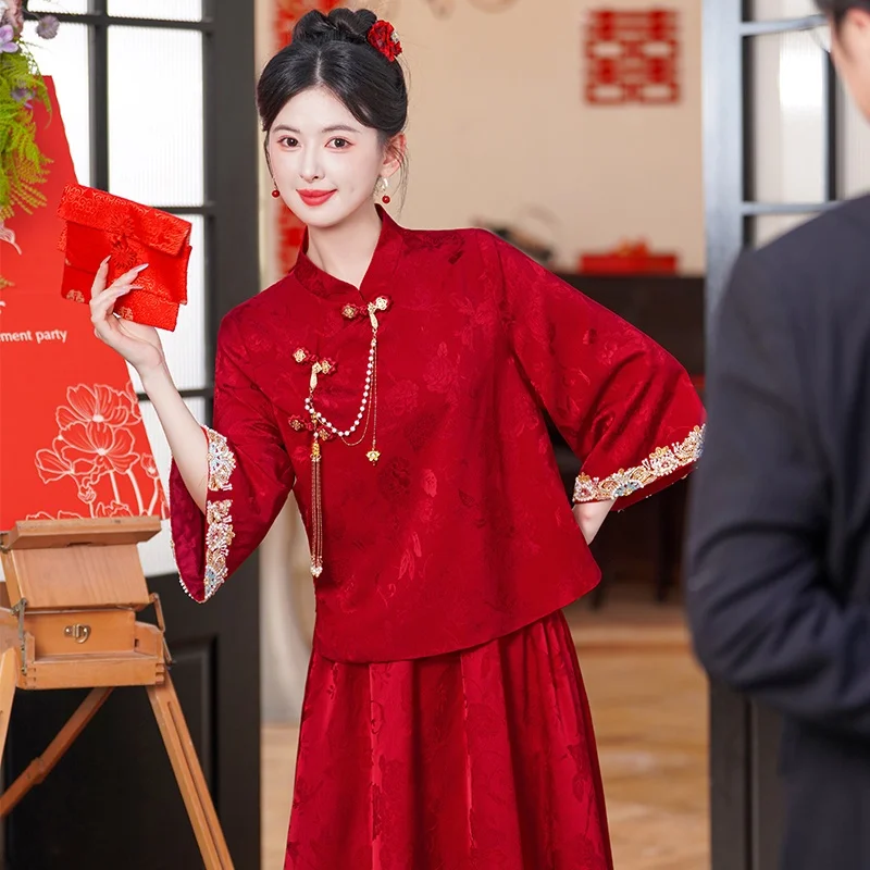 New Chinese Style Wedding  Set with Embroidered Semi-skirt And Stand Collar Heavy Work Side Button Floral Print Top