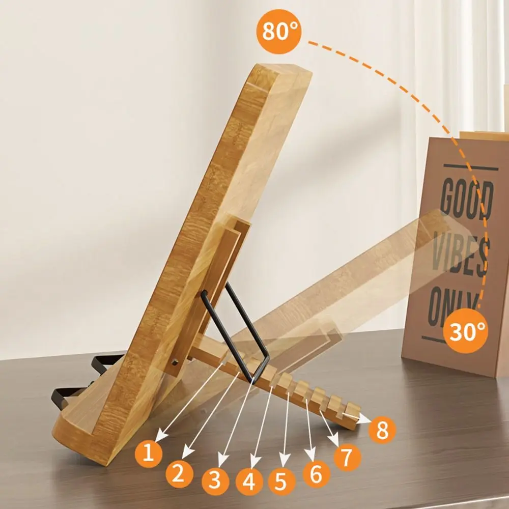 8 Adjustable Tilt Angles Wooden Book Stand Comfortable Reading Multi-Functional Cookbook Bracket Folding Stable Reading Holder