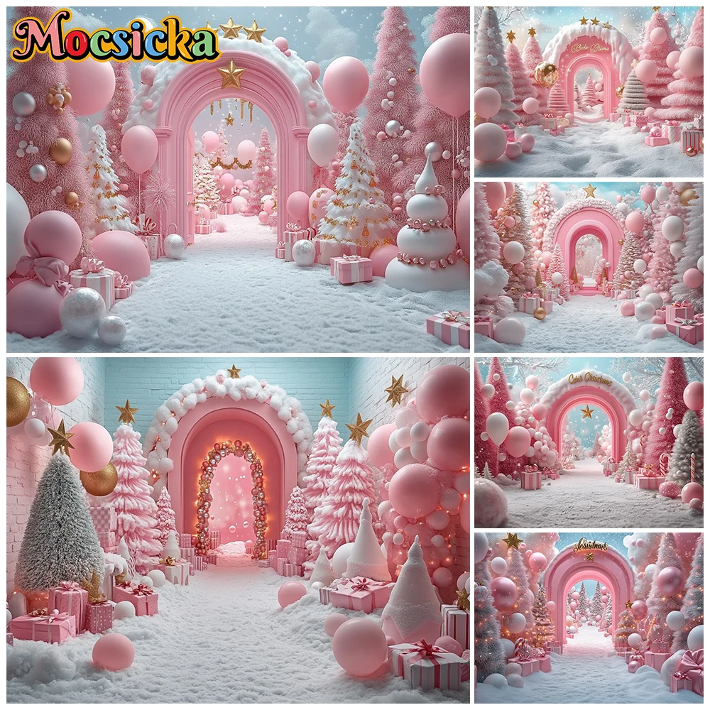 Mocsicka Pink Christmas Photography Backdrop Pastel Arch Door Balloons Snowy Tree Photo Backgrounds Kids Birthday New Year Party