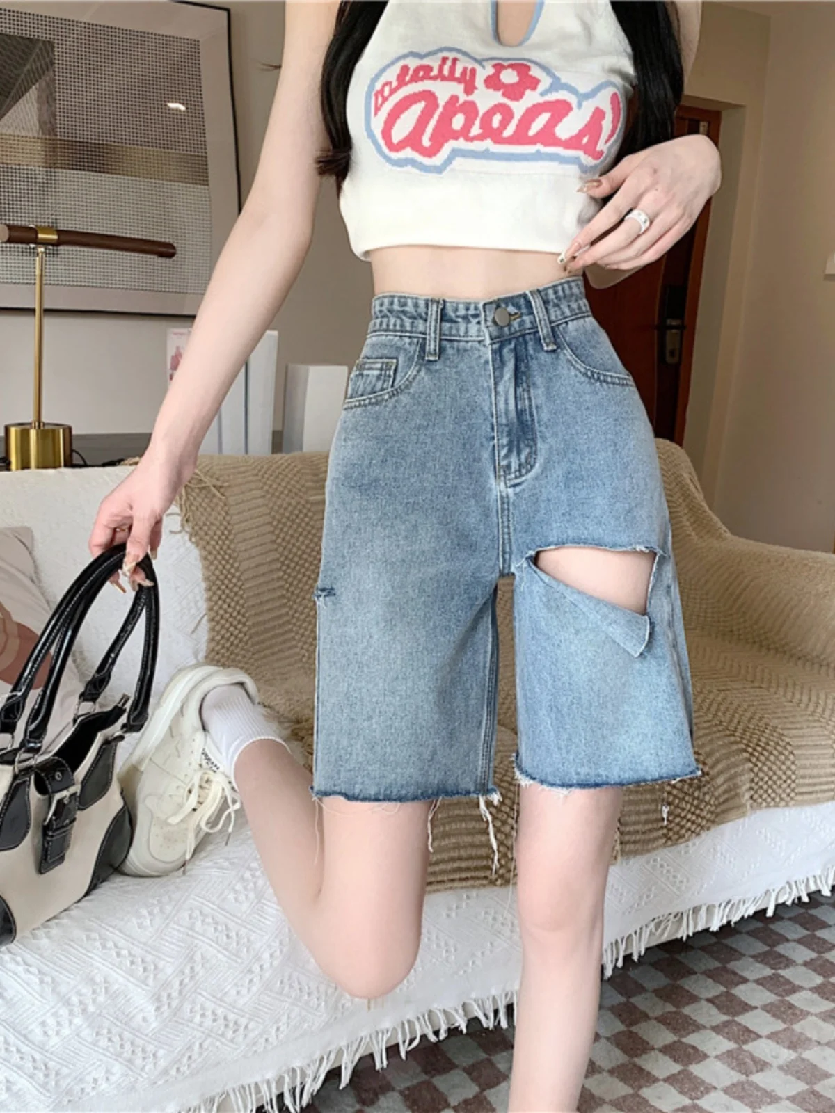 

High Waist Loose Fit Denim orts Women's Summer New Sle Break Hole Slimming Straight Leg Large Size Fat MM Five-Quarter Pants
