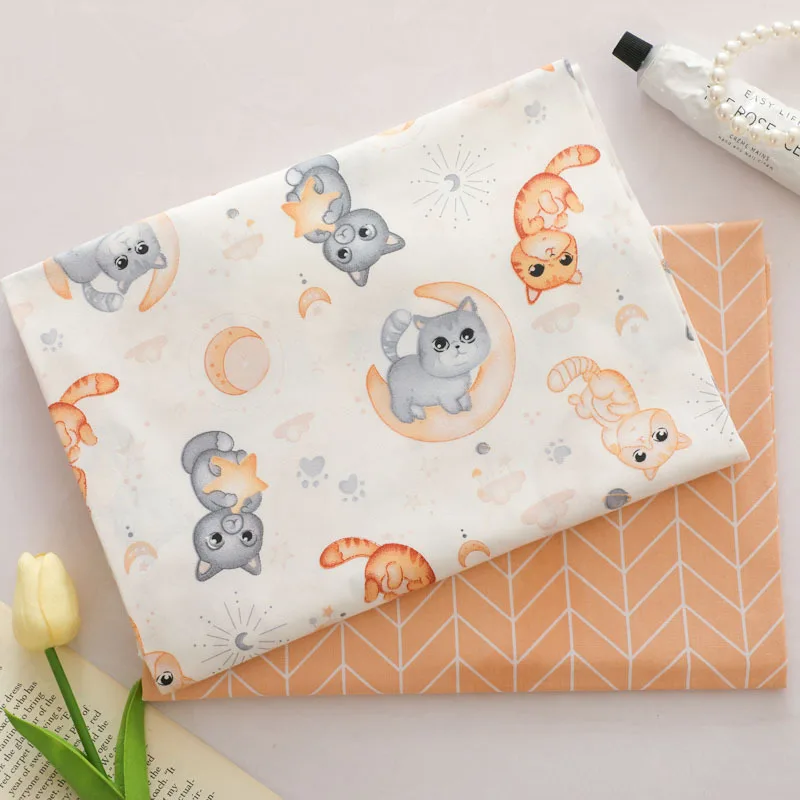 Cartoon Orange Animal Moon Cat Printed Cotton Fabric for Sewing Patchwork Cloth Quilting Scrapbook Tecido Diy Handmade Material