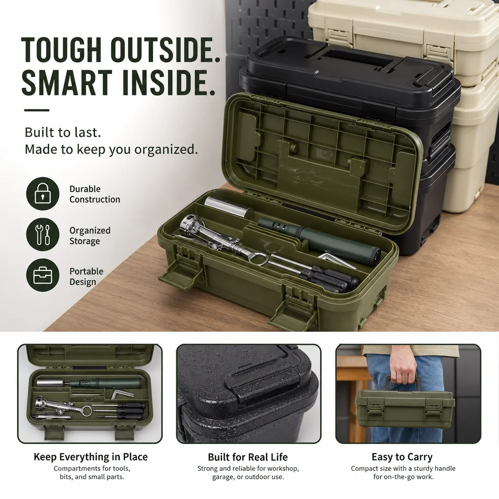 Large Capacity Stackable Plastic Toolbox Multi Compartment With Removable Tray Portable Handle For Auto Repair Painting Gardenin