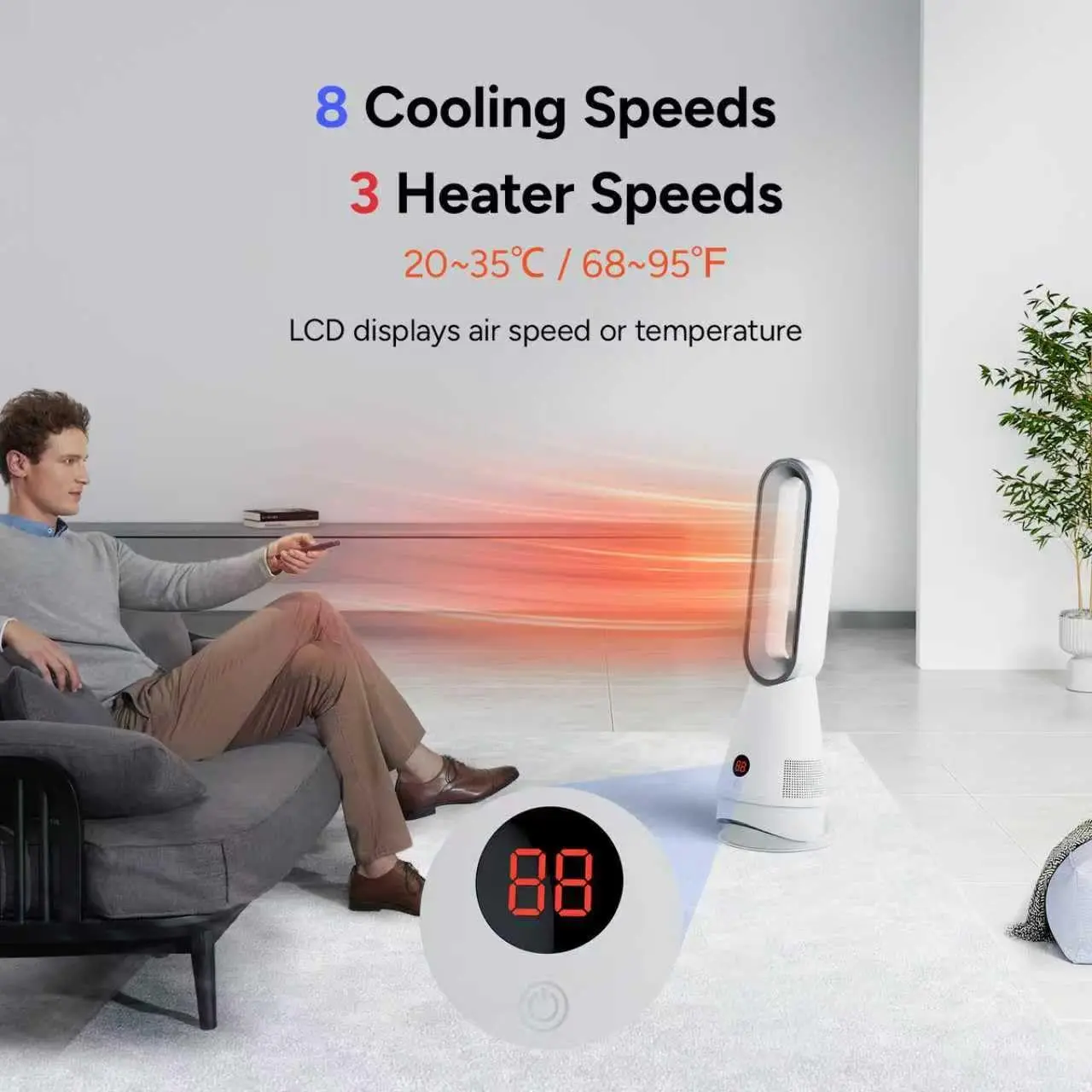 

Bladeless Heater Fan, 25inch Heating & Cooling & Filter Combo Tower Fan 80° Oscillating with Remote, 9H Timer, 8 Speeds, Portabl