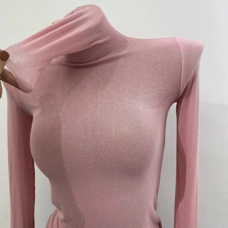 Dünnes, weiches amerikanisches Langarm-T-Shirt mit hohem gestapeltem Ausschnitt, enge Perspektive, Unterhemd für Damen, Slim-Fit-Tops, sexy Streetwear – Detail 14