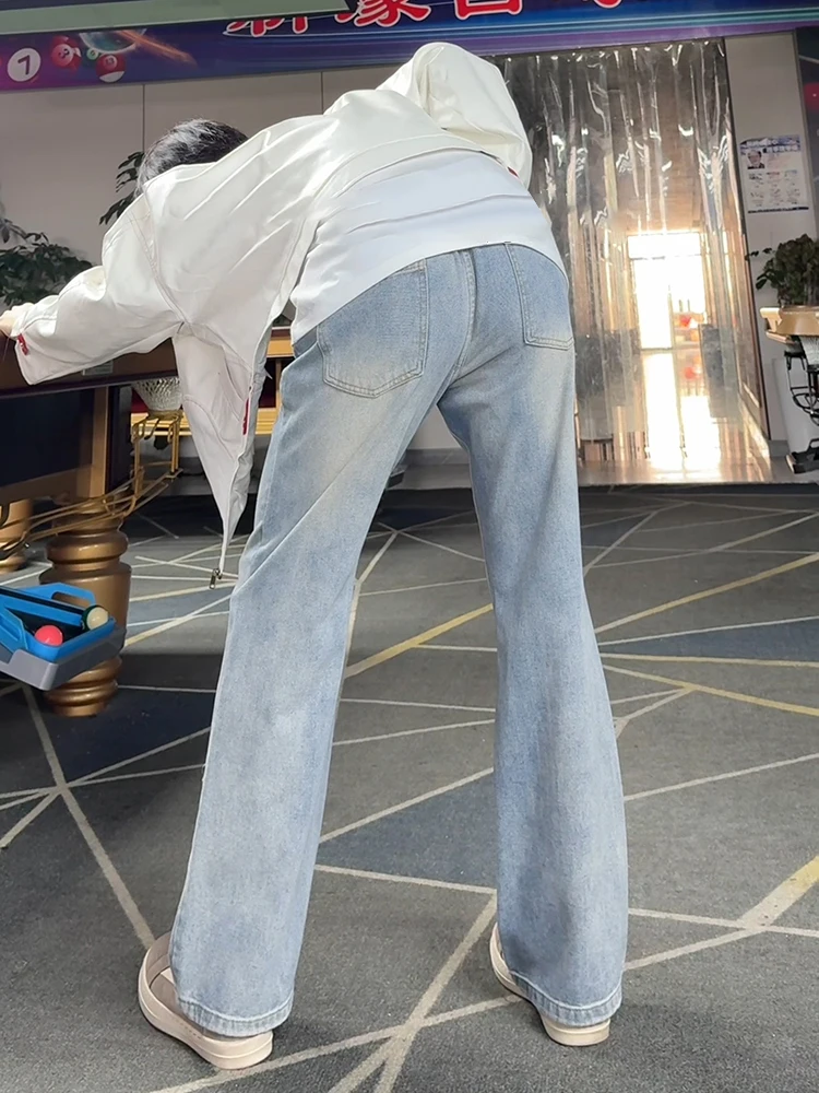 

Мужские джинсы-клеш в стиле ретро, синие, для подростков, осенние, с высокой талией, прямые, с декоративной строчкой, с эффектом потертости