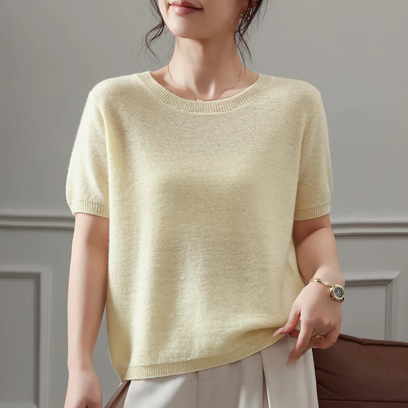 

New cashmere knitted women's O-neck sweater T-shirt slim and fashionable summer thin fit pullover wool short sleeved sweater