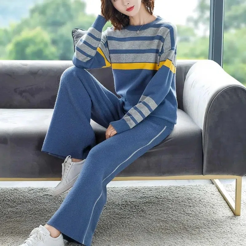 Women's Suit 2024 New Spring And Autumn Tummy-Covered Fashion Elastic Waist Wide-Leg Pants Jacket Two-Piece Loose Sweater Blue