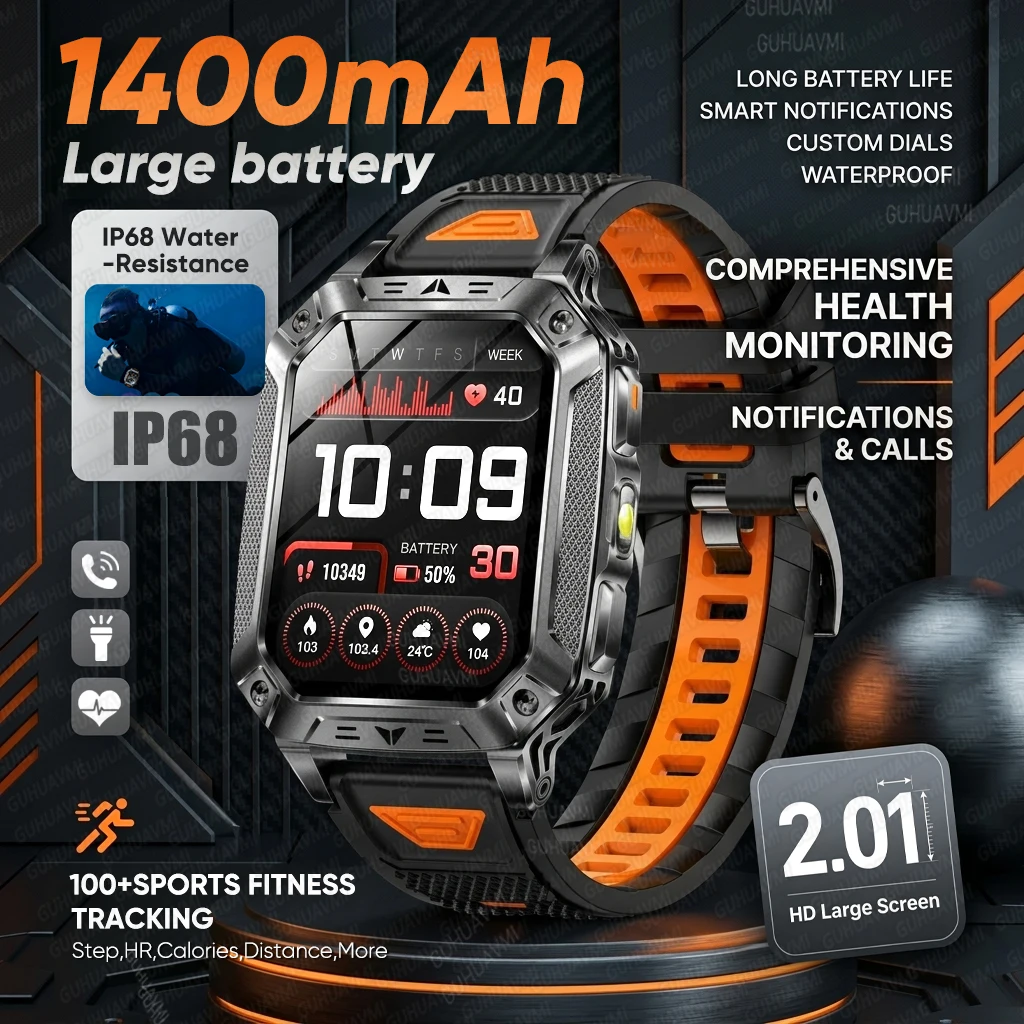 Montre connectée tactique militaire pour hommes, pour sports de plein air, batterie durable de 1400mAh, appels Bluetooth, moniteur de fréquence cardiaque, étanche IP68, lampe de poche tactique, 2026