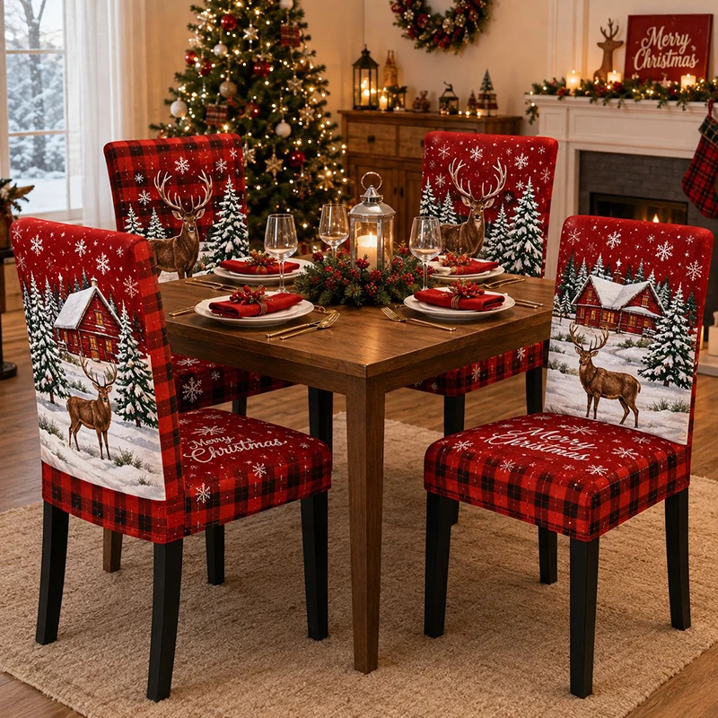 4PCS Christmas Dining Room Chair Covers Removable Washable Kitchen Parsons Chair Covers Santa Claus Pattern Holiday Party
