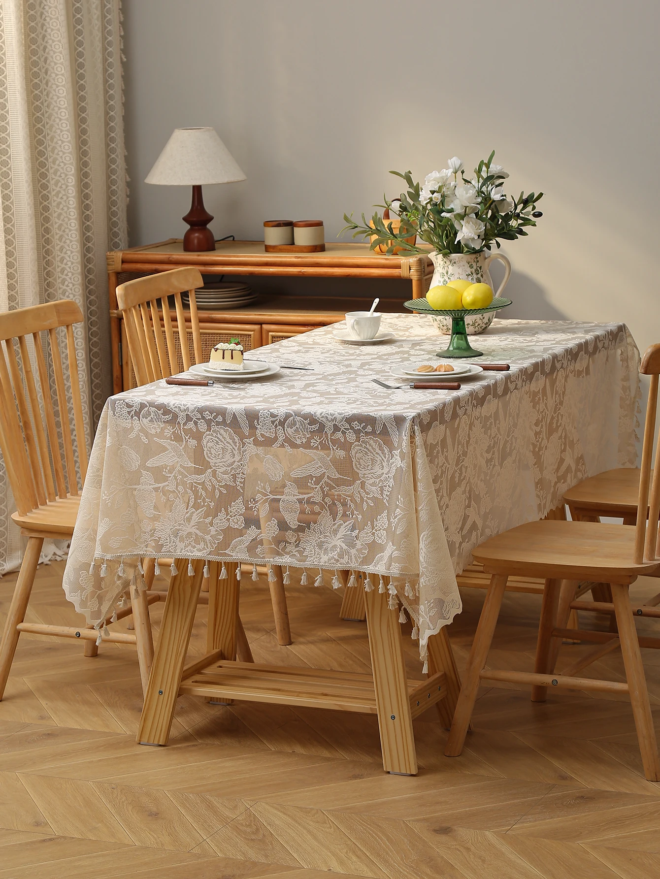 Beige Flower Bird Rustic Lace Hanging Fringe Tablecloth Living Room Kitchen Dining Table Tea Table Tablecloths