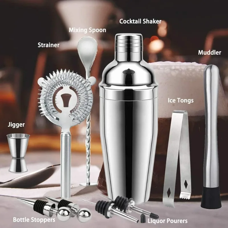 10Pcs Complete Stainless Steel Cocktail Shaker Bar Kit 750ml Full Mixology Tools For Professional Beginner Bartender  G