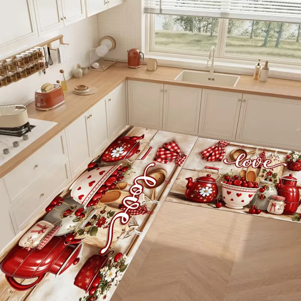 3D Visual Effect Red Cherry Pattern Kitchen Carpet Mat Rug Home Decoration Utensil Design Floor Decor Dining Room Living Room