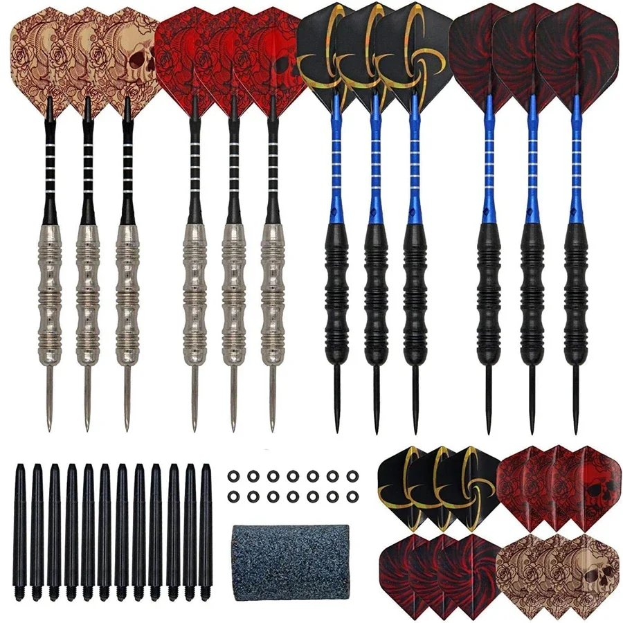 مجموعة سهام احترافية ذات أطراف فولاذية - سهام ذات أطراف معدنية مع أعمدة ألومنيوم ملونة ورحلات وحاميات - مجموعة ملحقات رمي السهام