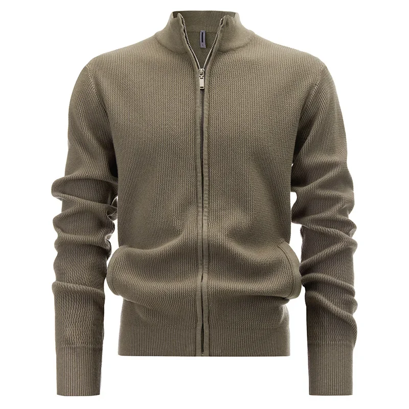 High-Quality Men's Spring and Autumn Cardigan Sweater with Zipper, Solid Color Round Neck Slim-Fit Knitted Sweater Coat