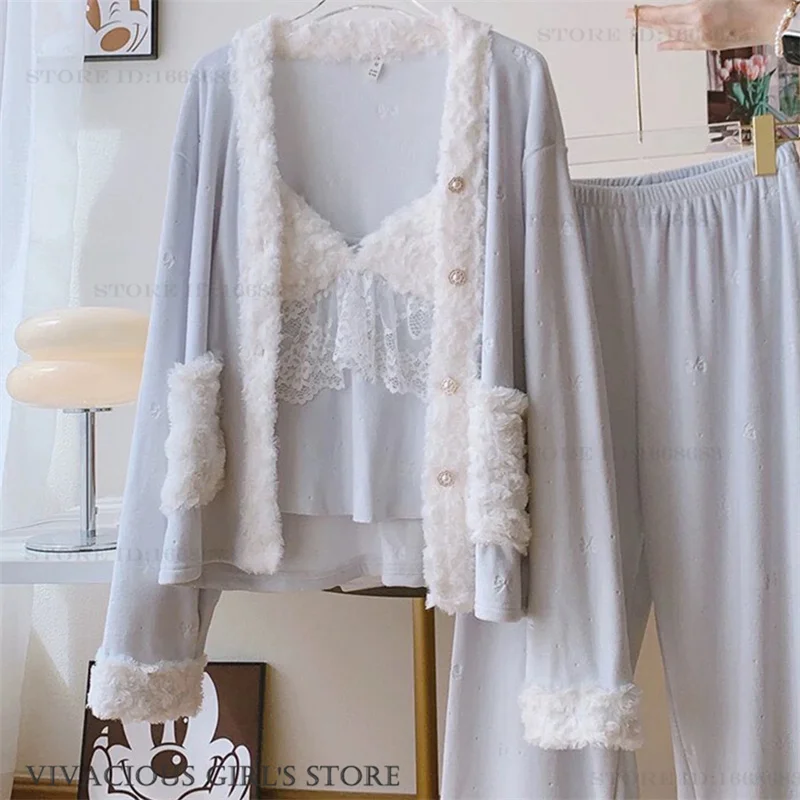 

Островный флисовый пижамный комплект из 3 предметов, женская одежда для сна, милые кружевные брюки с длинными рукавами, пижамный костюм, осенне-зимняя ночная рубашка, домашняя одежда