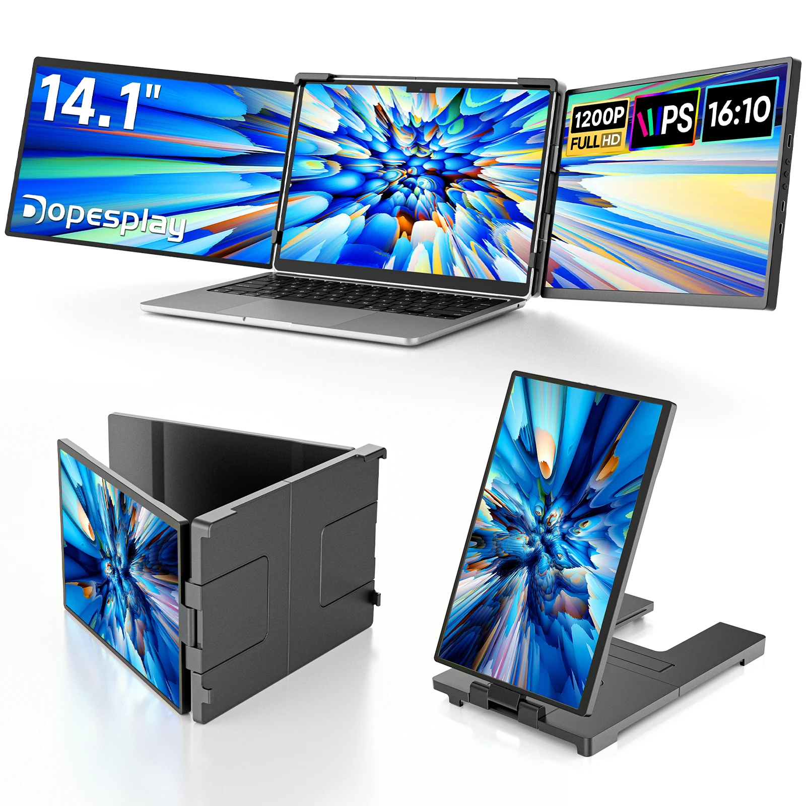 Dopesplay 14.1 inch Triple Dual Screen Extender FHD 1200P IPS Portable Monitor Plug & Play For Laptop Mac PC Travel Up to 17