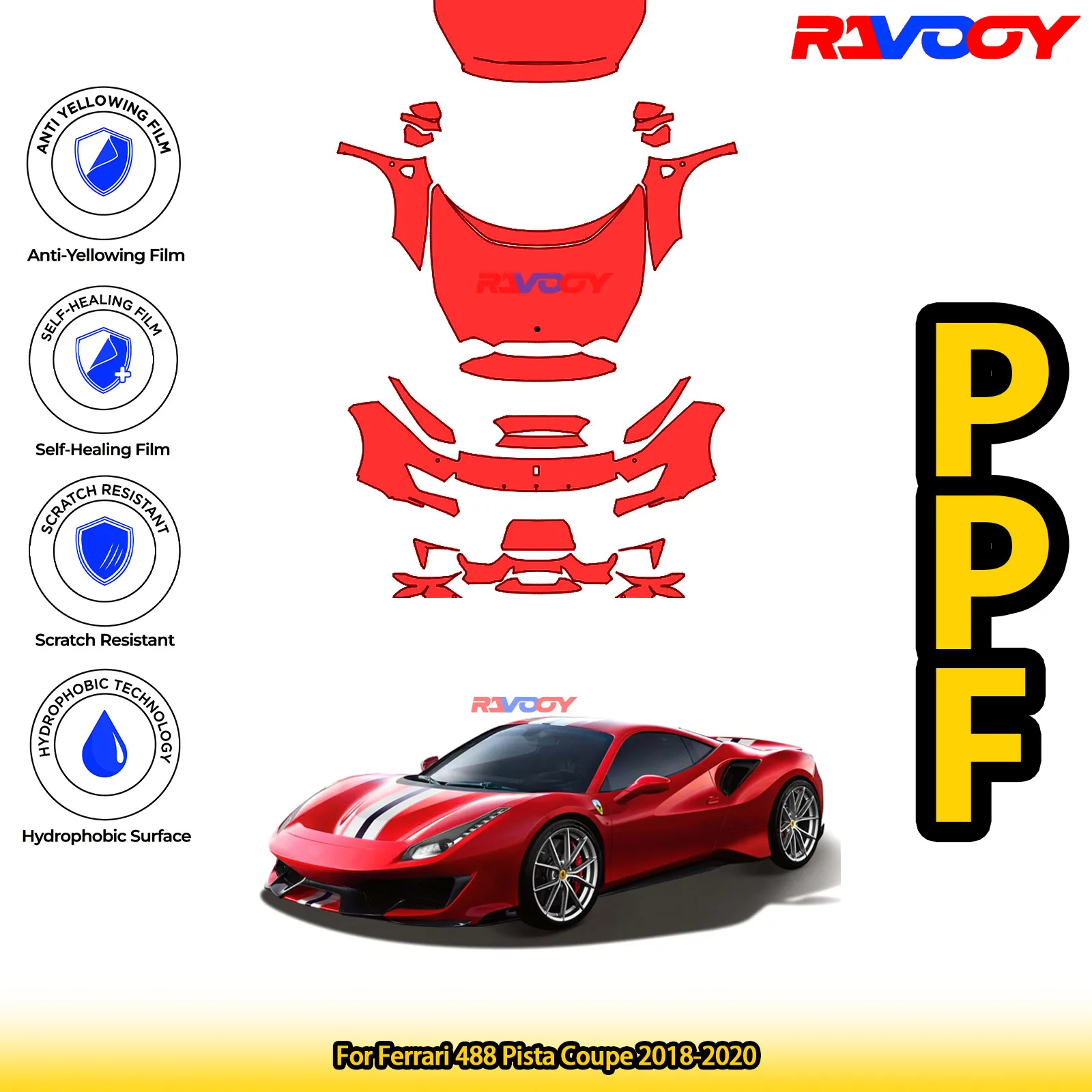 

Для Ferrari 488 Pista Coupe 2018-2020 глянцевая матовая черная предварительно вырезанная передняя защитная пленка PPF Kit