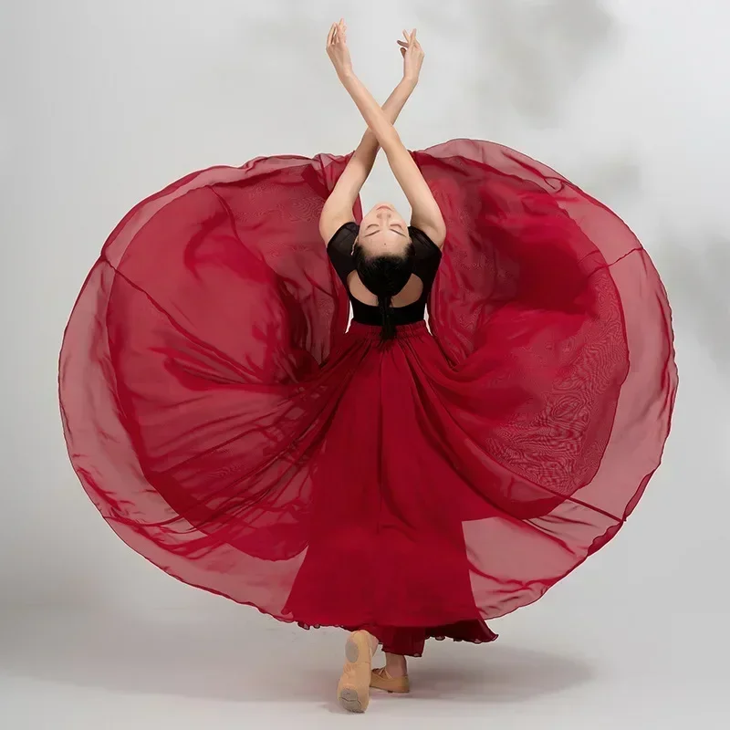 

New Woman 720 Degree Classical dance clothes women elegant performance cloth gauze skirt large swing practice wine red skirt