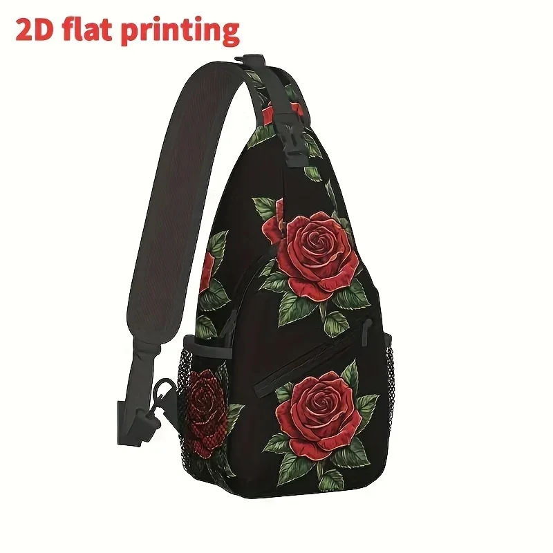Custom Men's Stylish Rose Print Sling Backpack - Black Polyester Crossbody Bag with Zipper Closure, Multiple Compartments