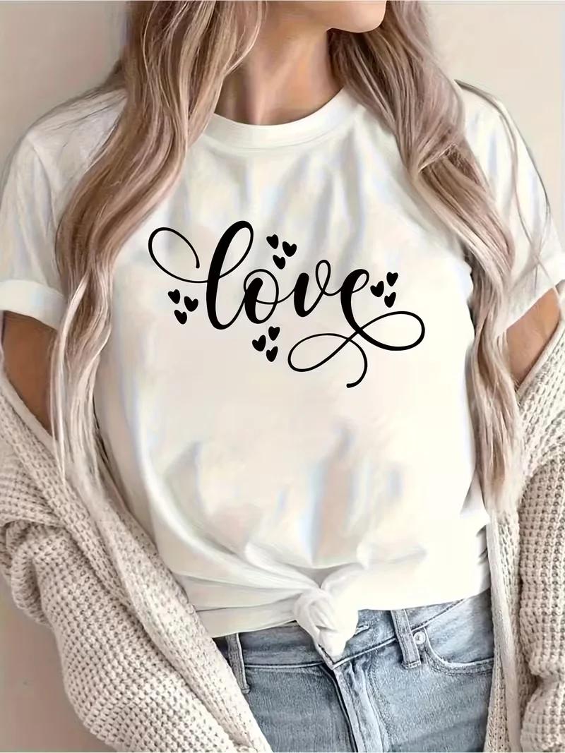 Women's - Love Pattern Printed Crew Neck T - shirt