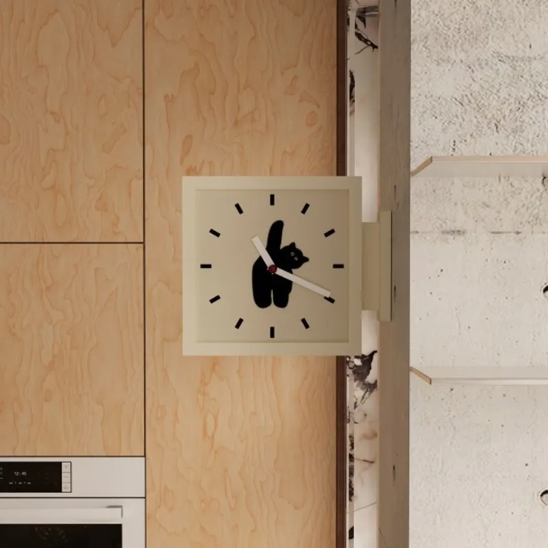 Simple Wall Clocks Corner Double-sided Silent Wooden Frame Cat Wall Clocks Art Cartoon Modern Bedroom Living Room Decoration